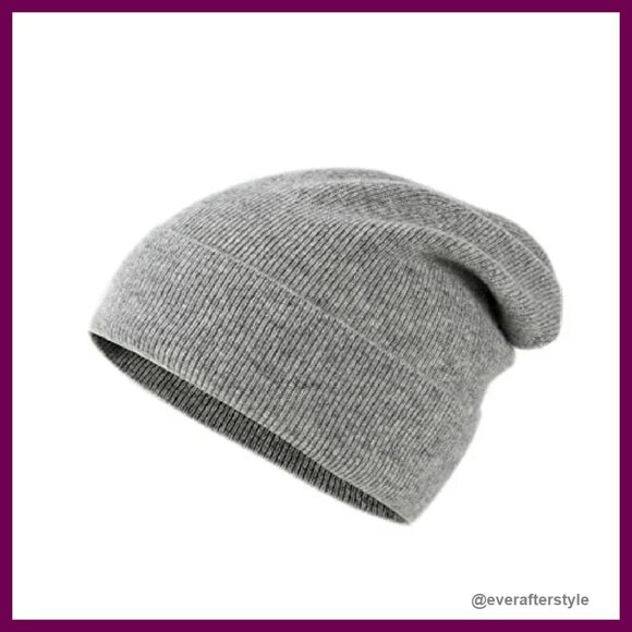 Pure Cashmere Beanie Ribbed Cuff Unisex Classic Elegant Winter Essential